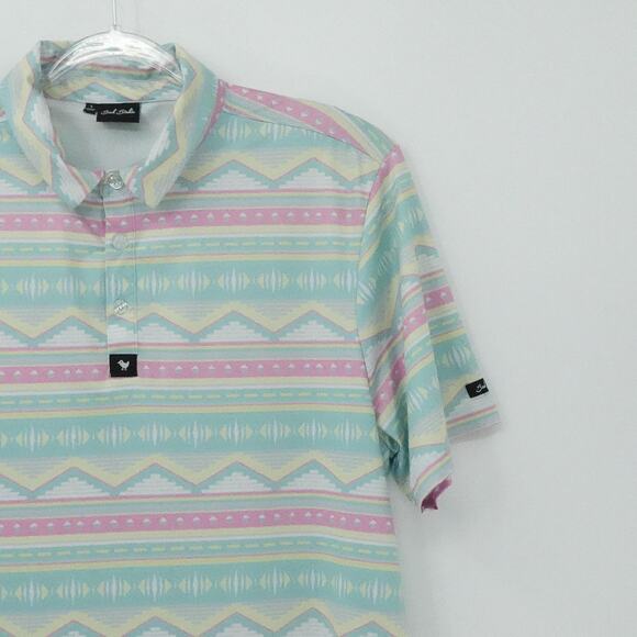 Bad Birdie Polo Shirt Mens Large Mint Pink Pastel Aztec Stripe Golf Performance - Picture 5 of 15